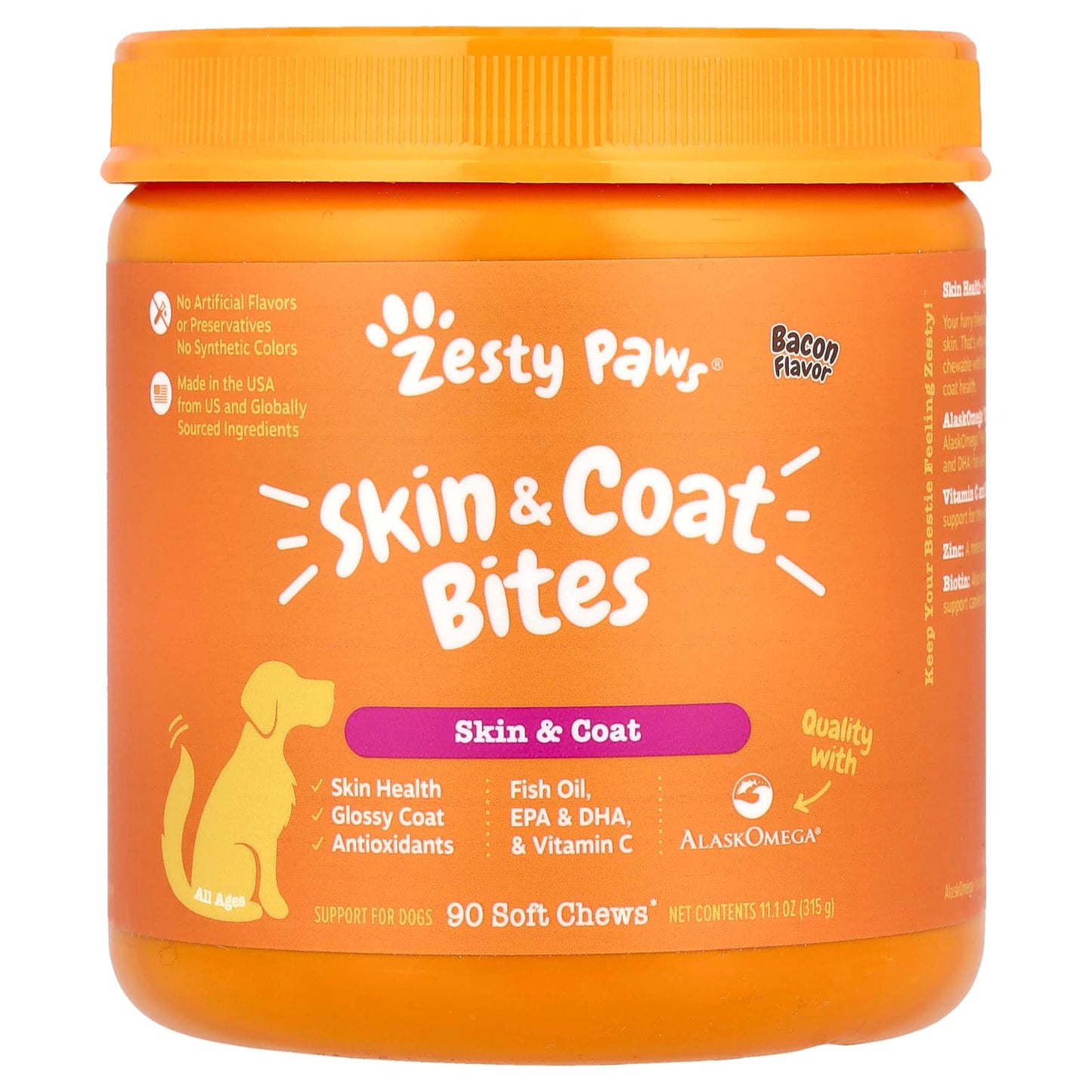 Zesty Paws, Skin & Coat Bites, For Dogs, All Ages, Bacon, 90 Soft Chews, 11.1 oz (315 g) - Image 1