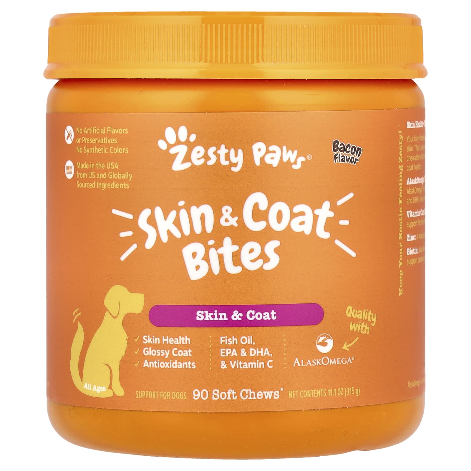 Zesty Paws, Skin & Coat Bites, For Dogs, All Ages, Bacon, 90 Soft Chews, 11.1 oz (315 g) - Image 1