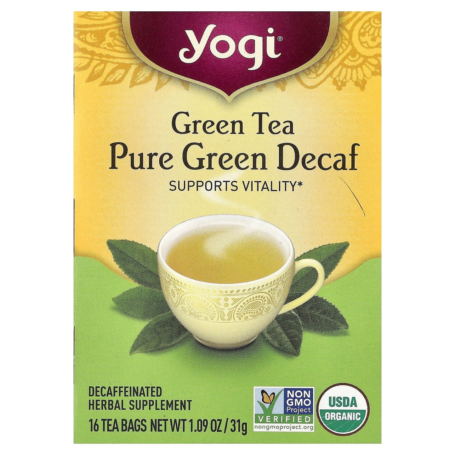 Yogi Tea, Green Tea Pure Green, Decaf, 16 Tea Bags, 1.09 oz (31 g) - Image 1