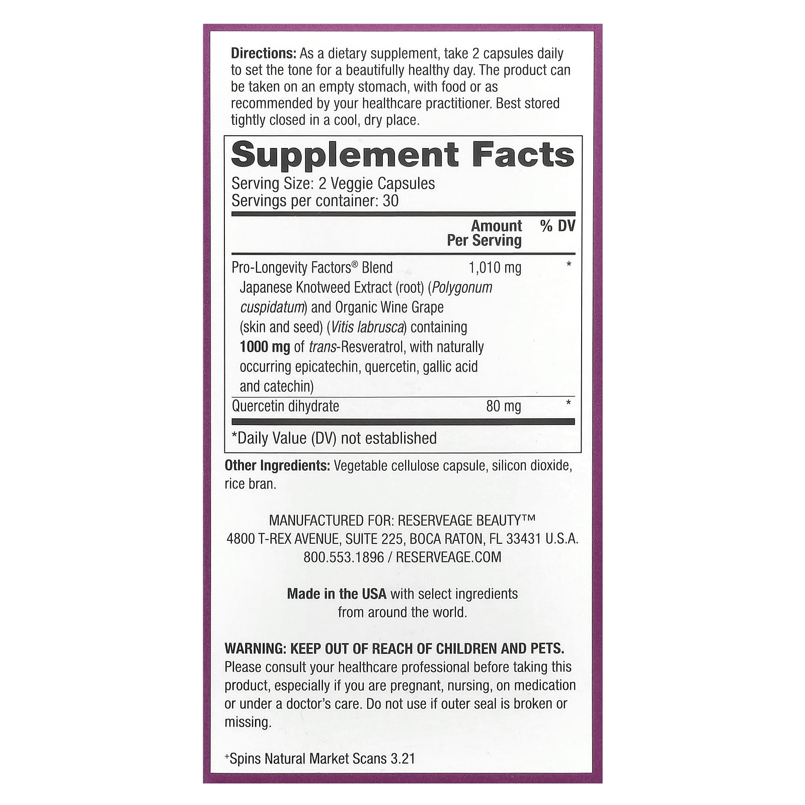 Reserveage Beauty, Resveratrol, 60 Veggie Capsules - Image 2