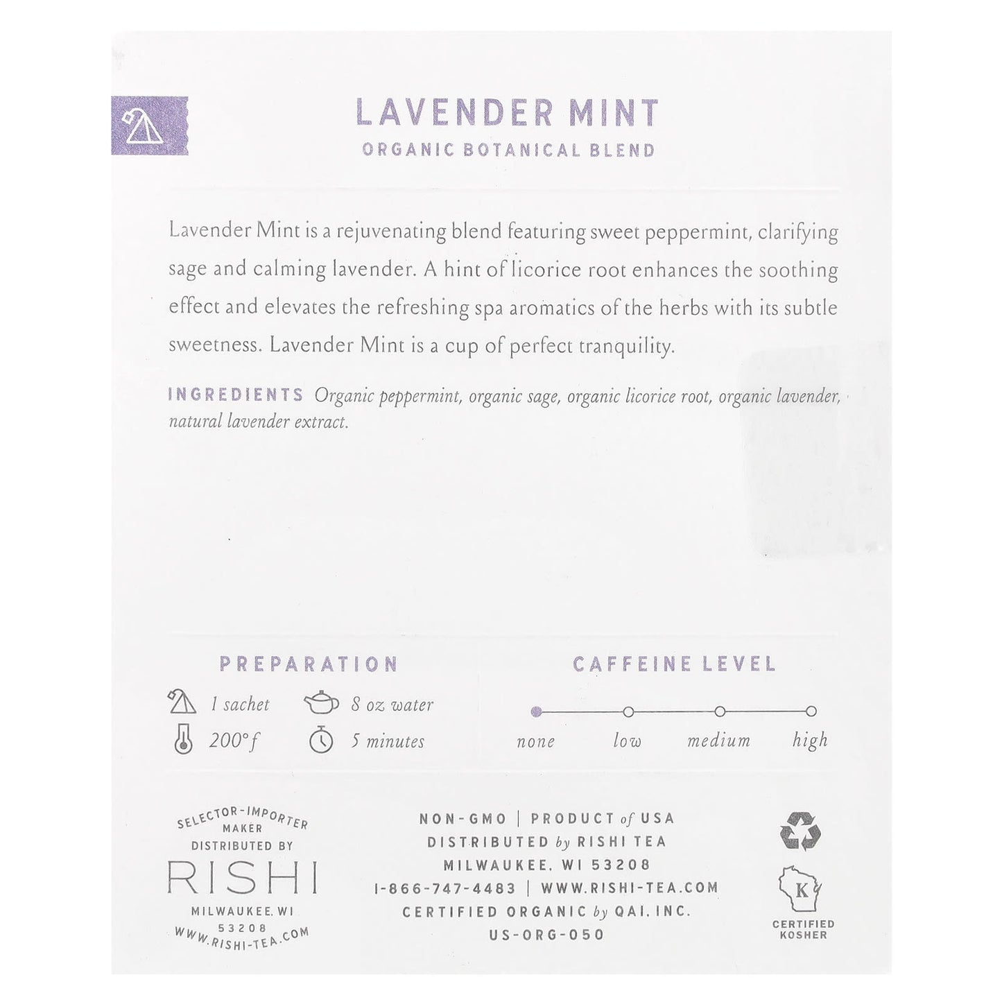Rishi Tea, Organic Botanical Blend, Lavender Mint, Caffeine-Free, 15 Sachets, 1.21 oz (34.5 g) - Image 2