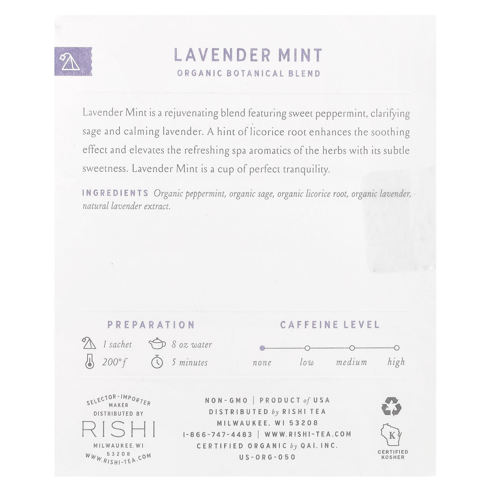 Rishi Tea, Organic Botanical Blend, Lavender Mint, Caffeine-Free, 15 Sachets, 1.21 oz (34.5 g) - Image 2