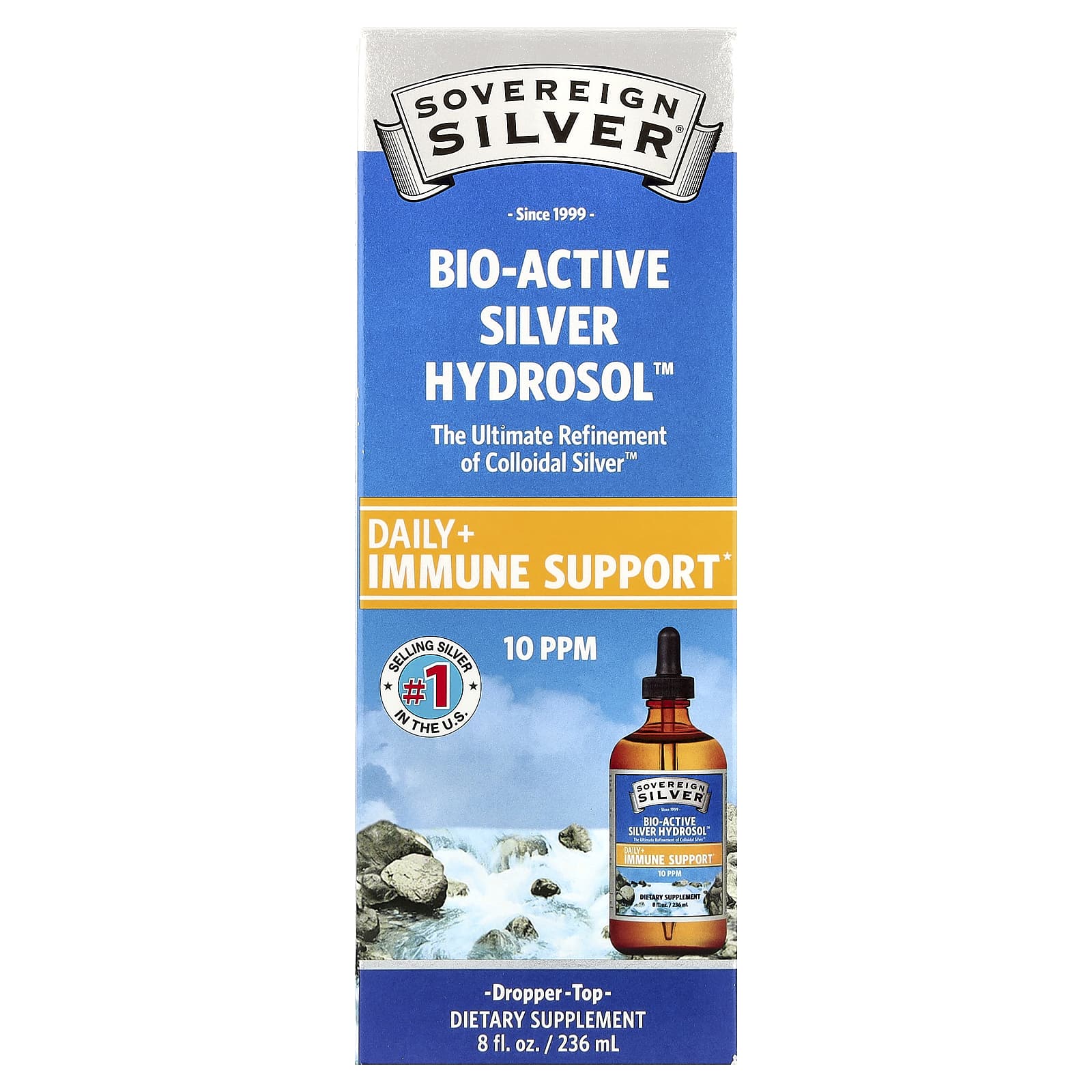 Sovereign Silver, Bio-Active Silver Hydrosol™ Dropper-Top, Daily + Immune Support, 10 PPM, 8 fl oz (236 ml) - Image 1