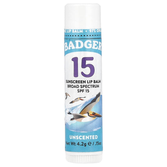 Badger Unscented SPF 15 Lip Balm, 0.15 oz - Cruelty Free & Organic - Image 1