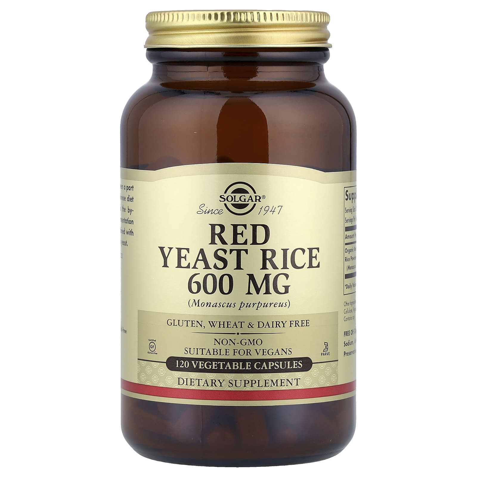 Solgar, Red Yeast Rice, 600 mg, 120 Vegetable Capsules - Image 1