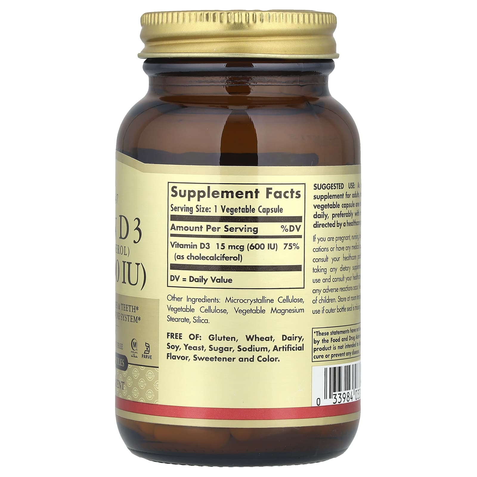 Solgar, Vitamin D3 (Cholecalciferol), 15 mcg (600 IU), 120 Vegetable Capsules