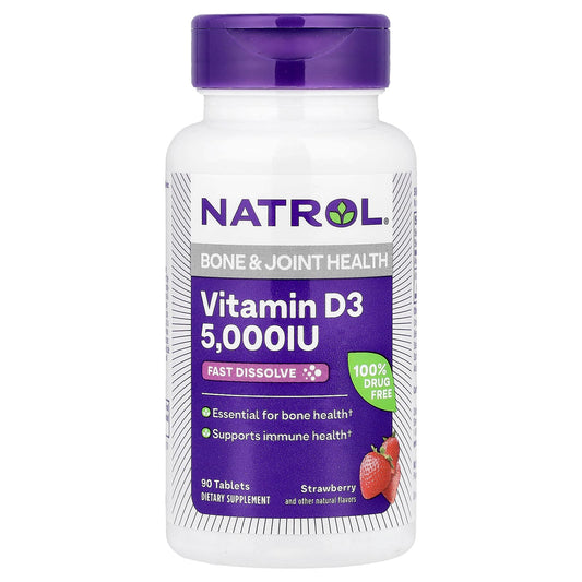 Natrol, Vitamin D3, Strawberry, 5,000 IU, 90 Tablets - Image 1