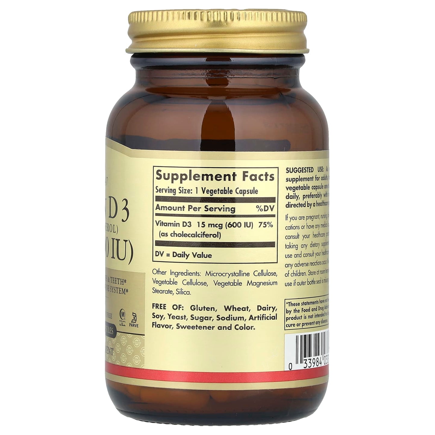 Solgar, Vitamin D3 (Cholecalciferol), 15 mcg (600 IU), 120 Vegetable Capsules - Image 2