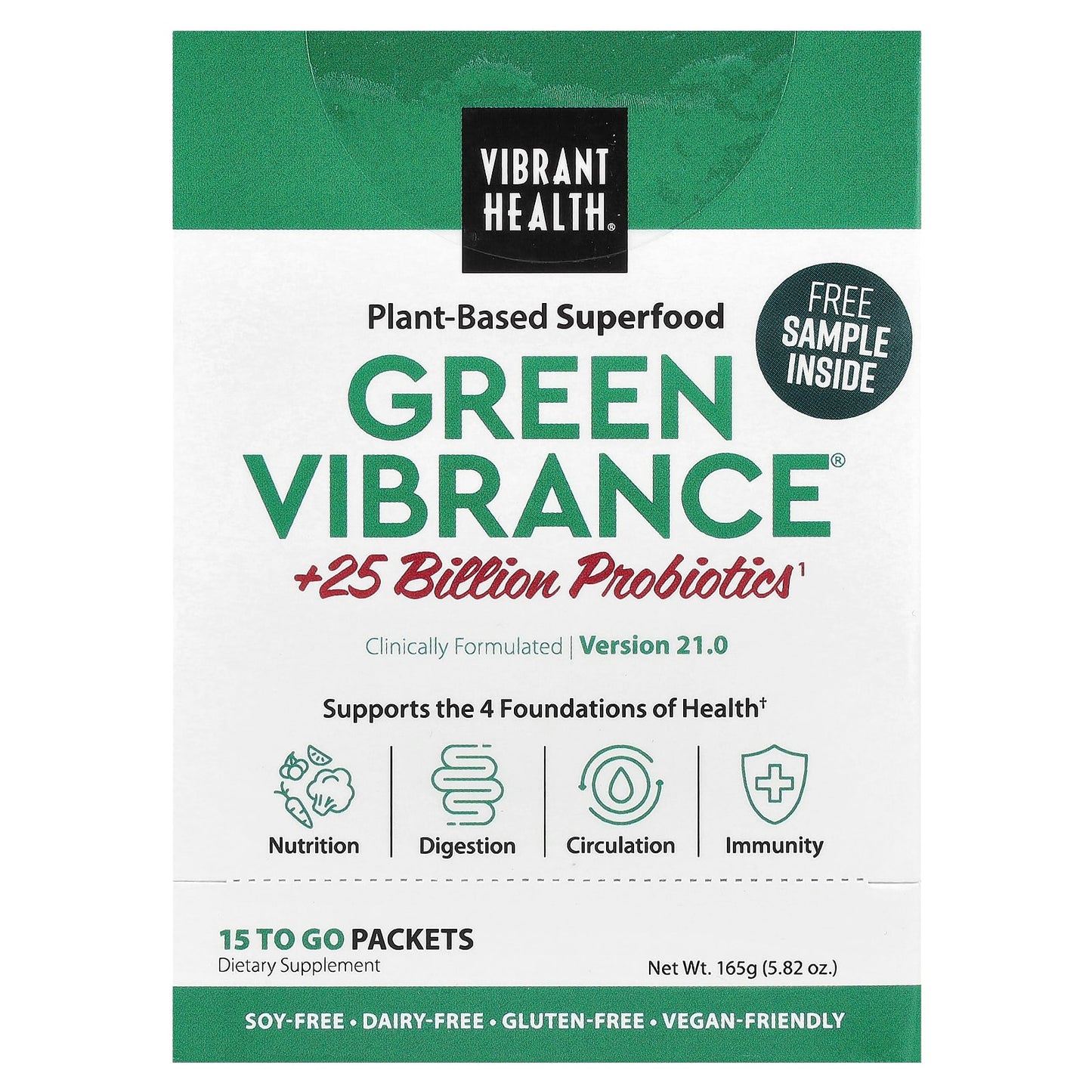Vibrant Health, Green Vibrance® +25 Billion Probiotics, Version 21.0, 15 To Go Packets, 5.82 oz (165 g) - Image 1