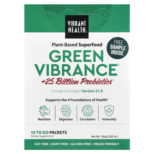 Vibrant Health, Green Vibrance® +25 Billion Probiotics, Version 21.0, 15 To Go Packets, 5.82 oz (165 g) - Image 1