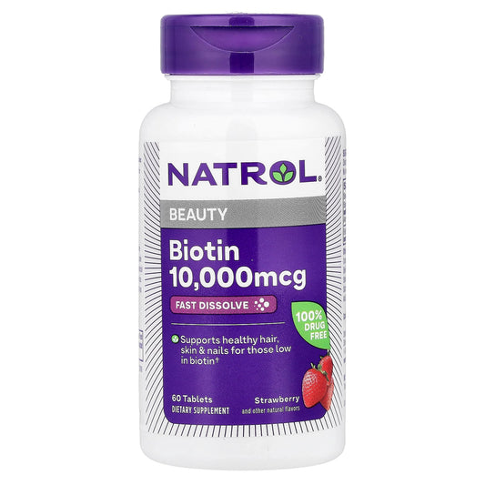 Natrol, Biotin, Fast Dissolve, Strawberry, 10,000 mcg, 60 Tablets - Image 1