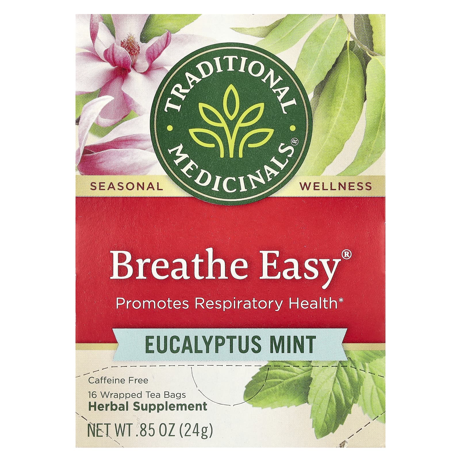 Traditional Medicinals, Breathe Easy®, Eucalyptus Mint, Caffeine Free, 16 Wrapped Tea Bags, 0.85 oz (24 g) - Image 1
