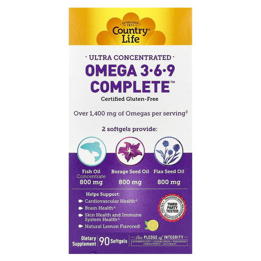 Country Life Omega 3-6-9 Complete, 90 Softgels, Natural Lemon - Image 1