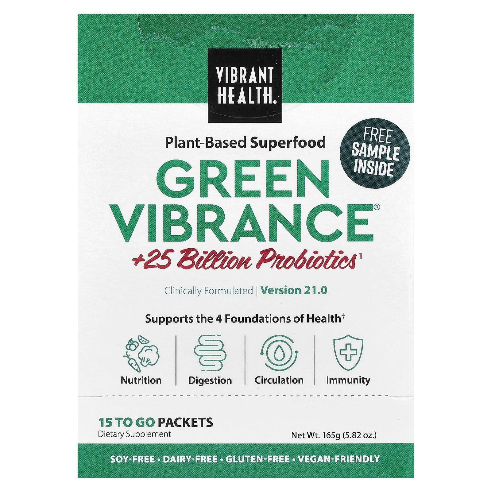 Vibrant Health, Green Vibrance® +25 Billion Probiotics, Version 21.0, 15 To Go Packets, 5.82 oz (165 g) - Image 1