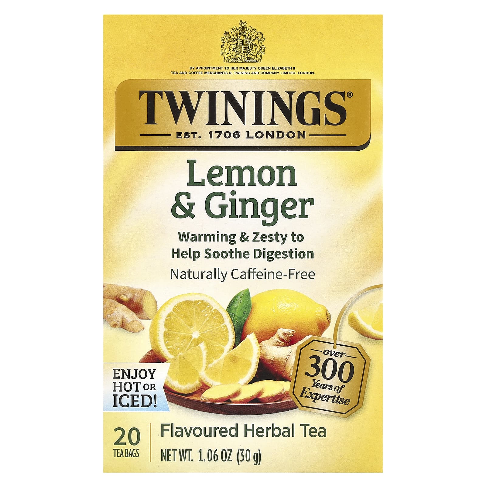 Twinings, Flavored Herbal Tea, Lemon & Ginger, Caffeine Free, 20 Tea Bags, 1.06 oz (30 g) - Image 1