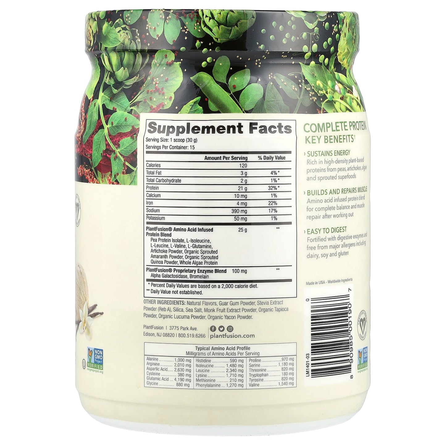 PlantFusion, Complete Protein, Creamy Vanilla Bean, 1 lb (450 g) - Image 2