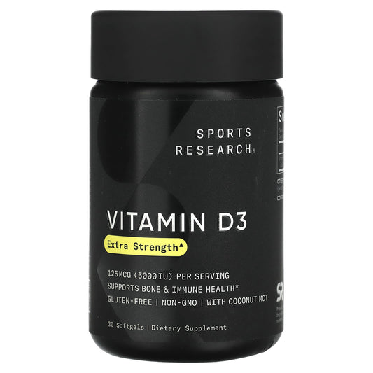 Sports Research, Vitamin D3, Extra Strength, 125 mcg (5,000 IU), 30 Softgels - Image 1