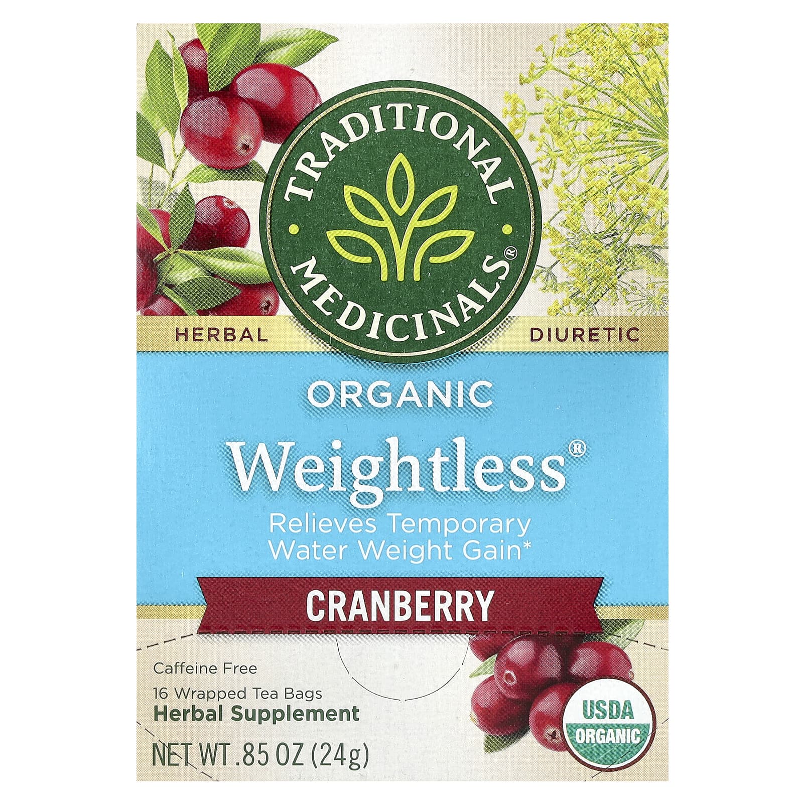 Traditional Medicinals, Organic Weightless®, Cranberry, Caffeine Free, 16 Wrapped Tea Bags, 0.85 oz (24 g) - Image 1