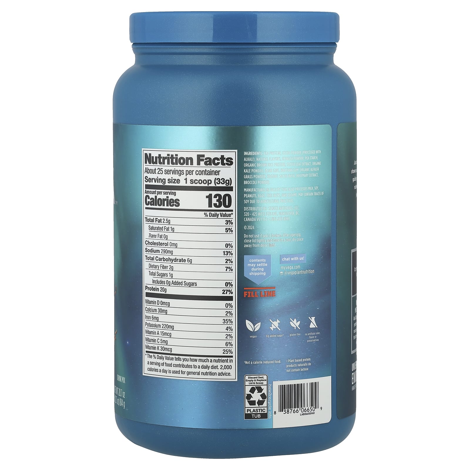 Vega, Plant-Based Protein, Premium Protein + Supergreens™, Creamy Chocolate, 1 lb 12.7 oz (814 g) - Image 2