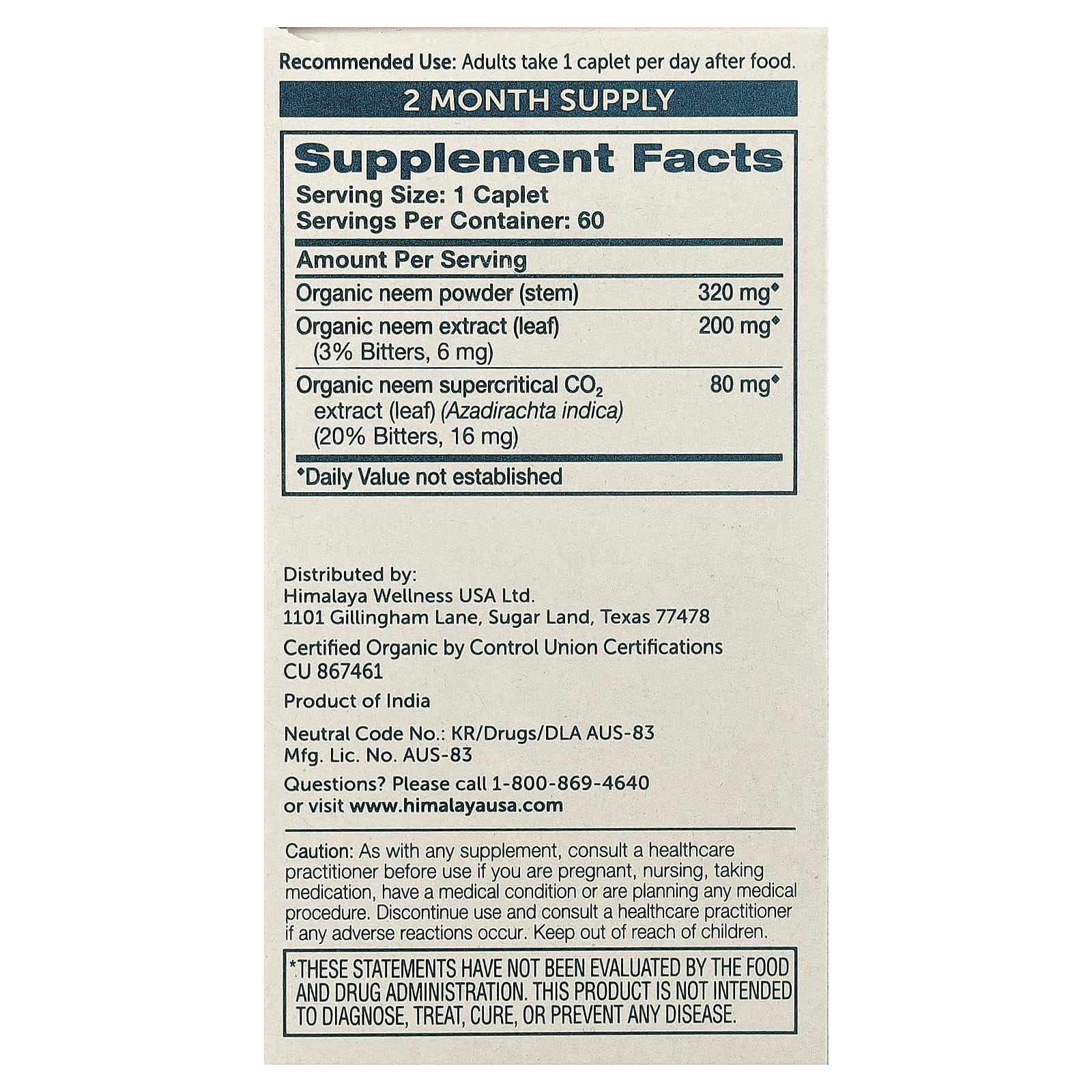 Himalaya Organic Neem 60 Caplets for Detox & Immune Support - Image 2