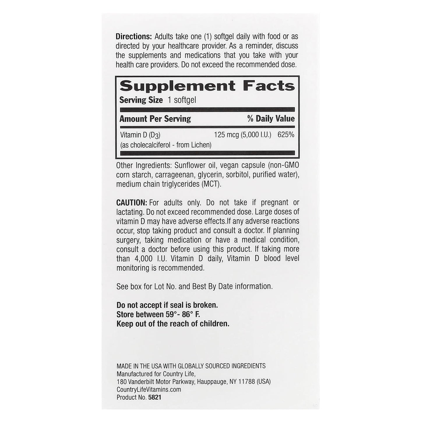 Country Life Vegan Vitamin D3 5,000 IU - 60 Softgels for Immune Health - Image 2
