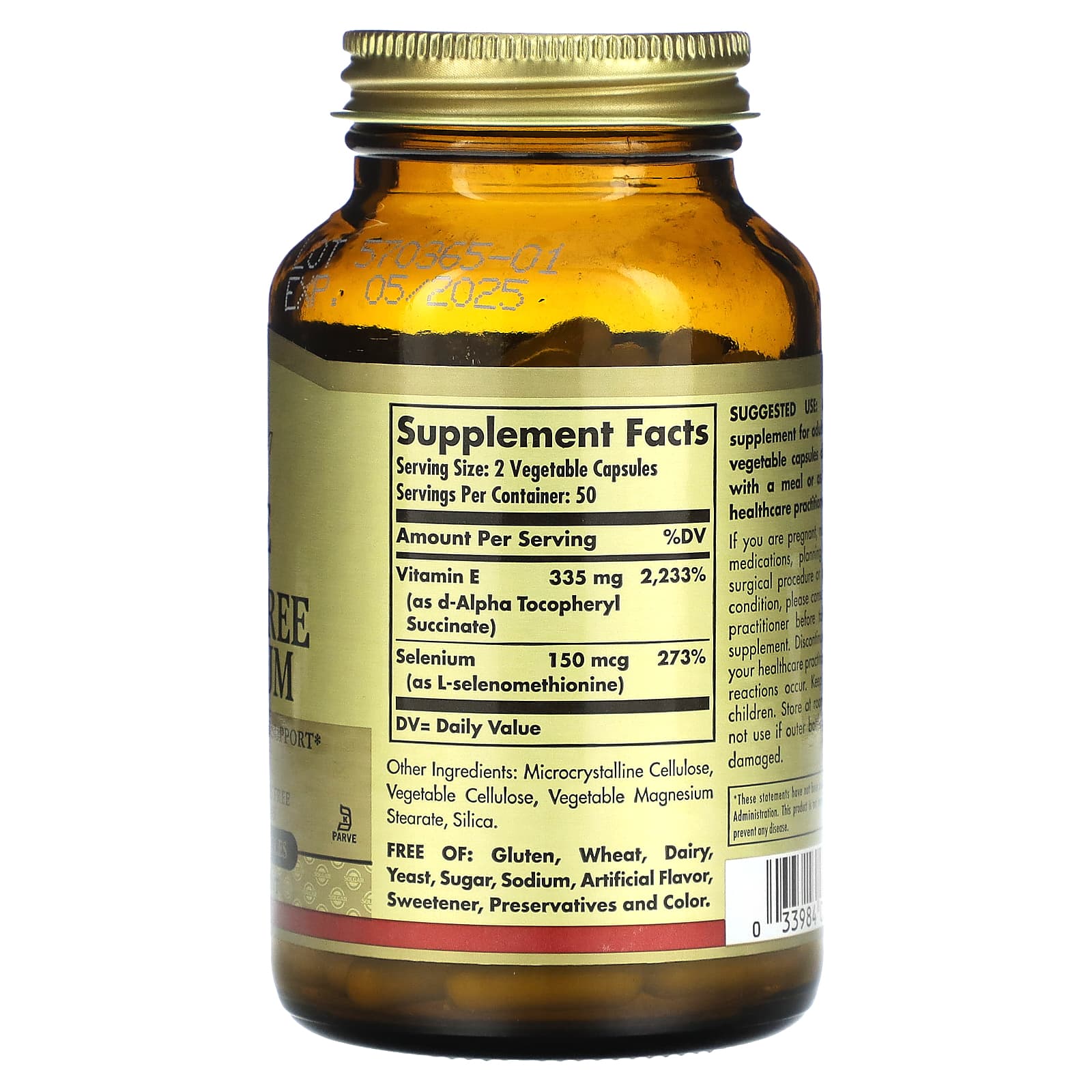 Solgar, Vitamin Dry E with Yeast Free Selenium, 100 Vegetable Capsules - Image 2
