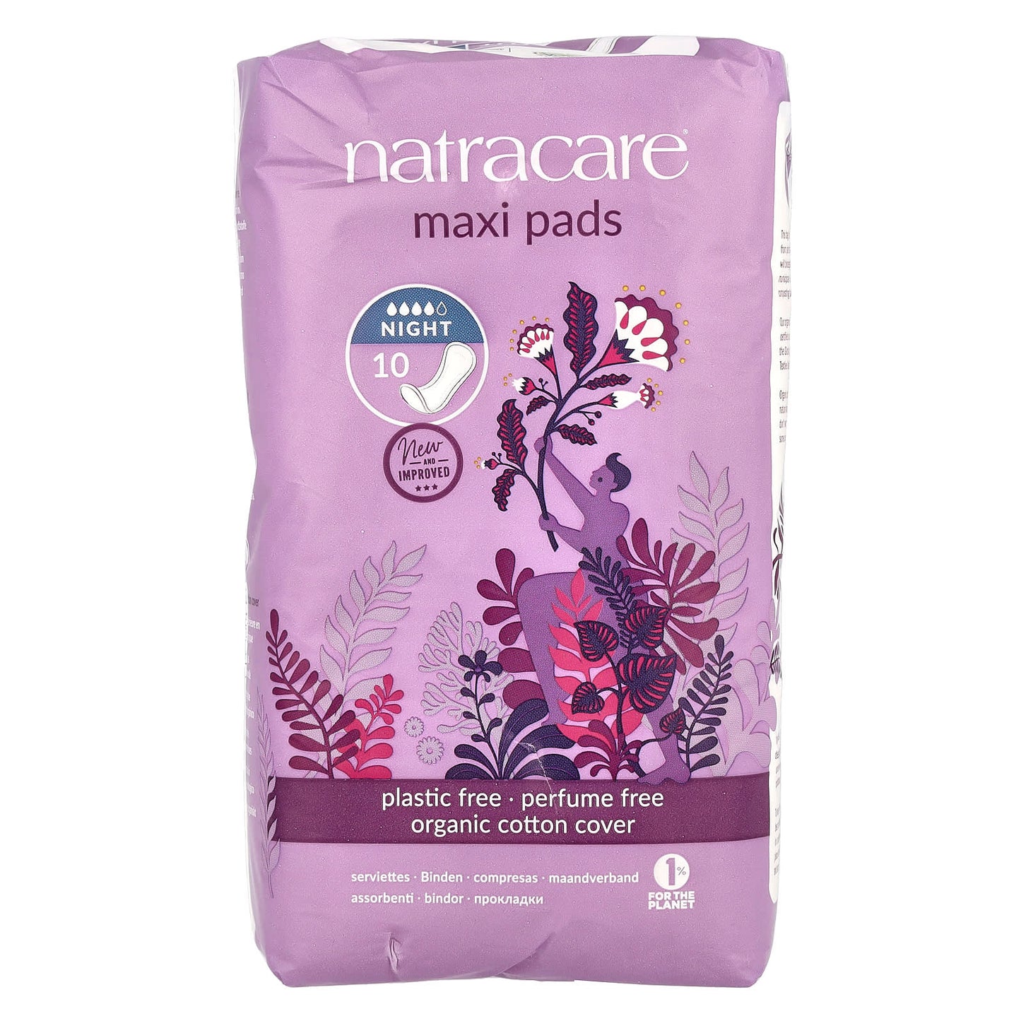 Natracare, Maxi Pads, Organic Cotton Cover, Night, 10 Pads - Image 1