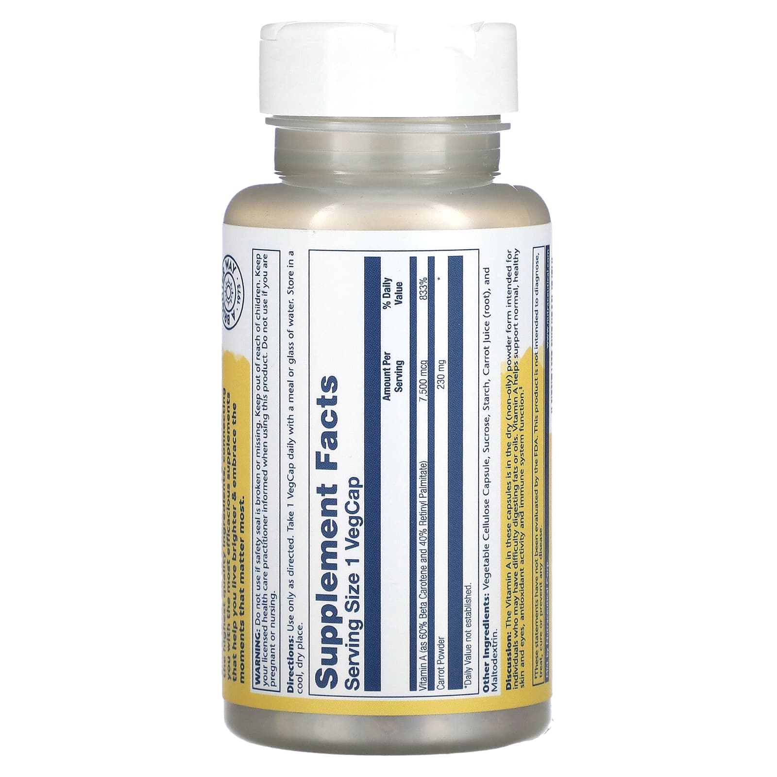 Solaray, Dry Form Vitamin A, 7,500 mcg, 60 VegCaps - Image 2