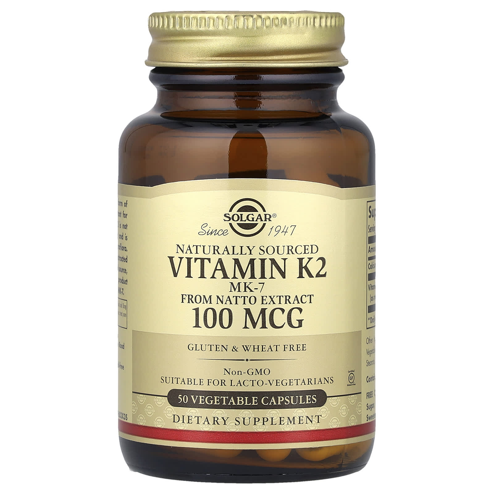 Solgar, Naturally Sourced Vitamin K2, 50 Vegetable Capsules - Image 1