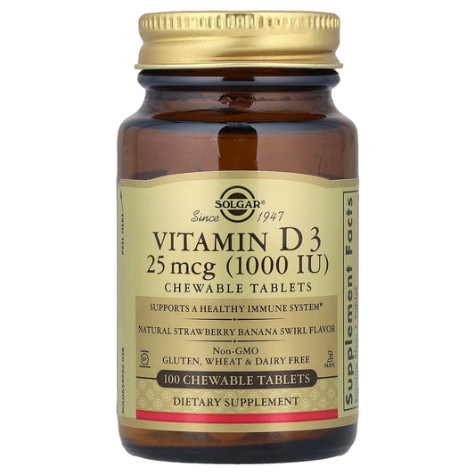 Solgar, Vitamin D3, Natural Strawberry Banana Swirl, 25 mcg (1,000 IU), 100 Chewable Tablets - Image 1