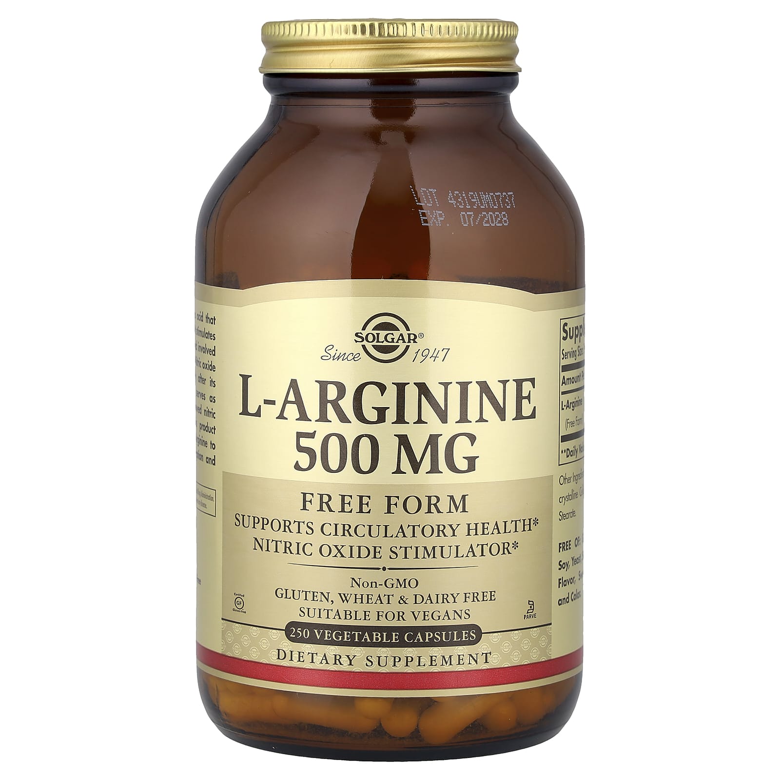 Solgar, L-Arginine, Free Form, 500 mg, 250 Vegetable Capsules - Image 1