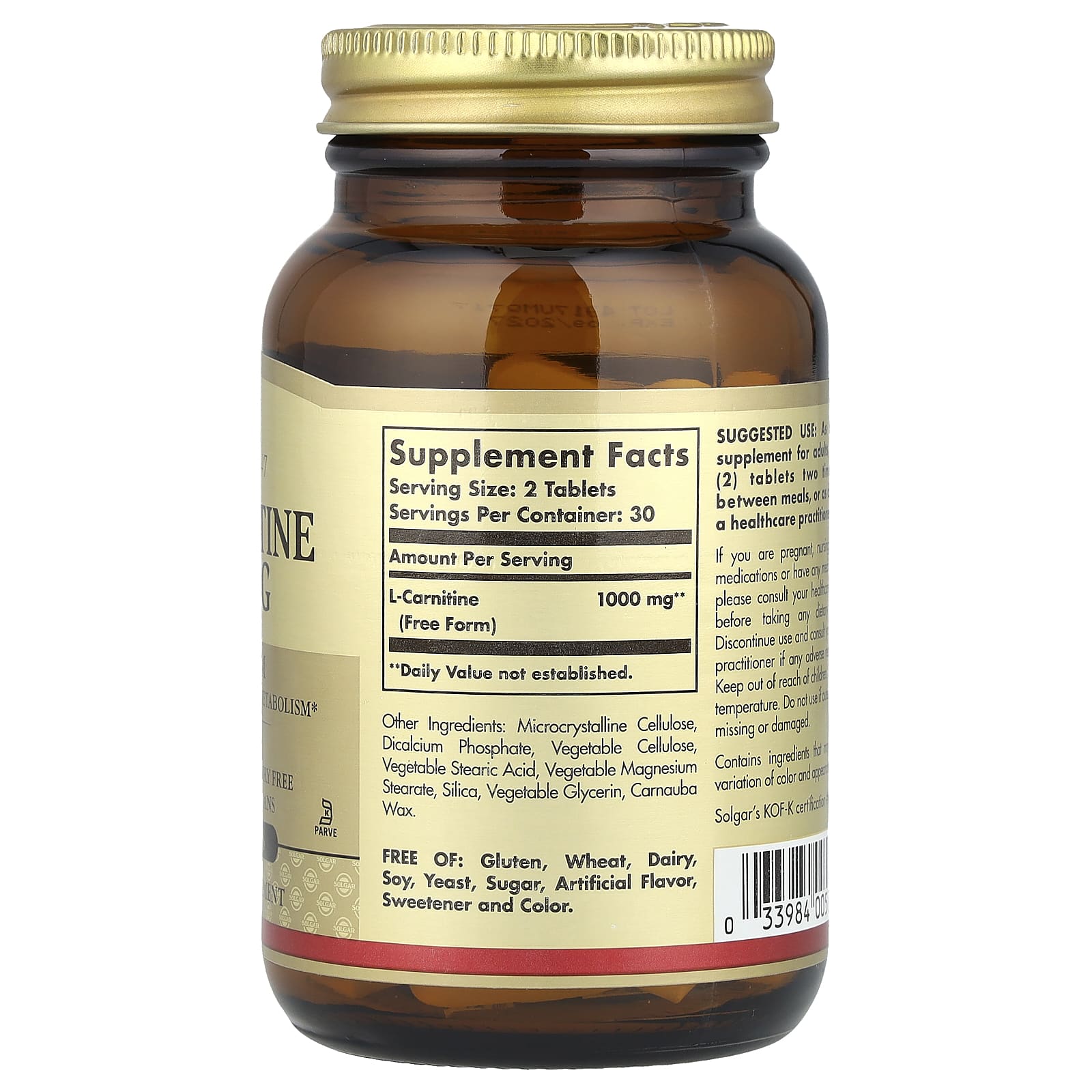 Solgar, L-Carnitine, Free Form, 60 Tablets (500 mg per Tablet) - Image 2