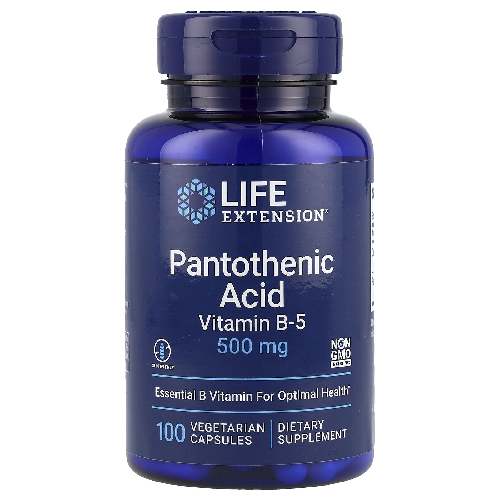 Life Extension, Pantothenic Acid, Vitamin B-5, 500 mg, 100 Vegetarian Capsules - Image 1