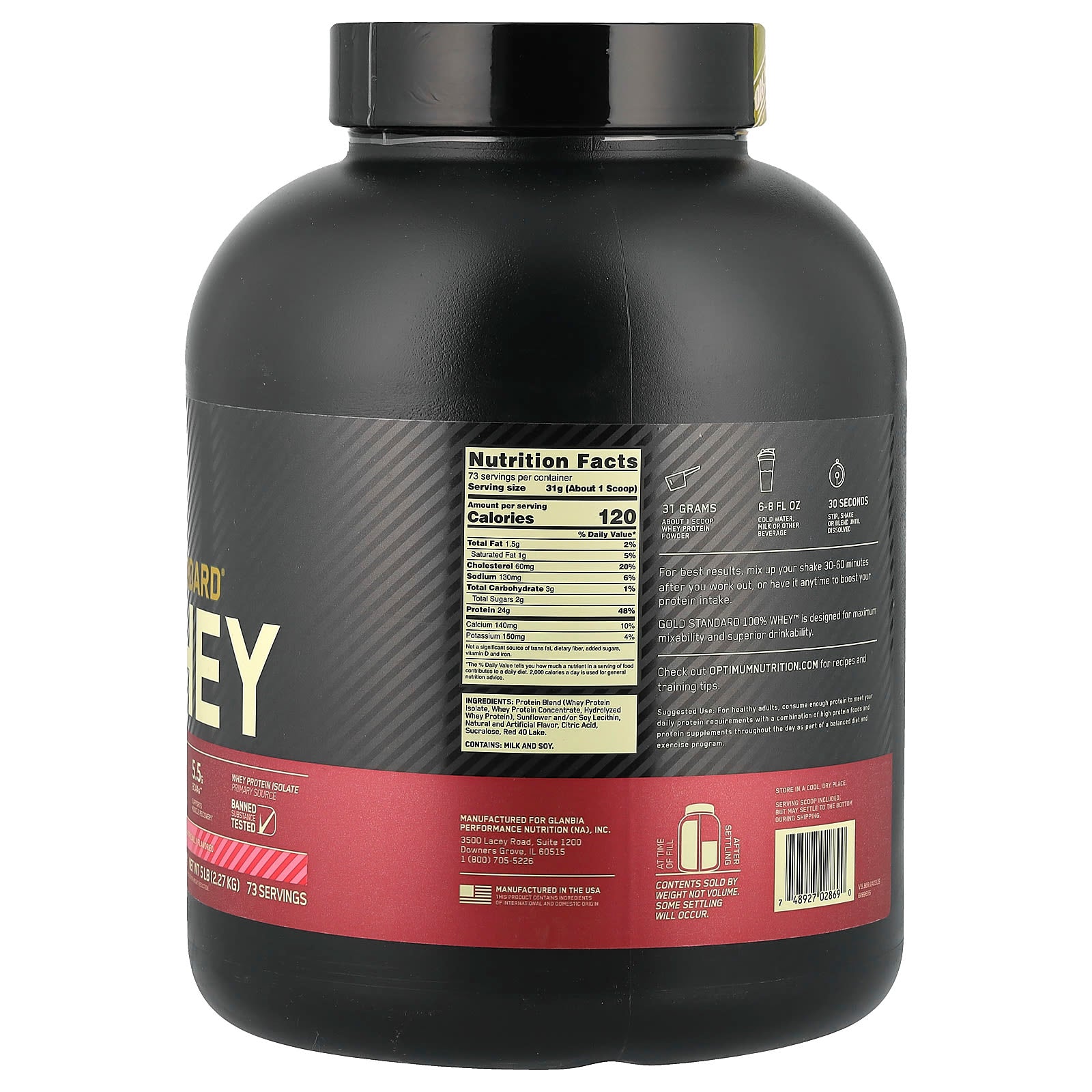 Optimum Nutrition, Gold Standard® 100% Whey, Delicious Strawberry, 5 lb (2.27 kg) - Image 2