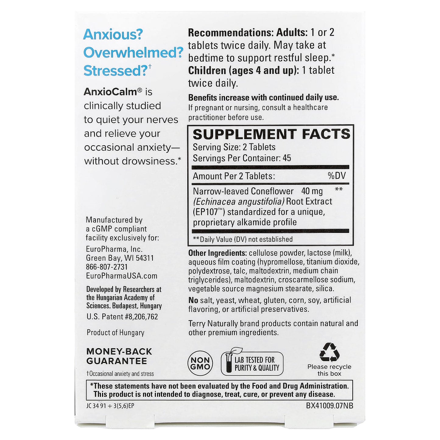 Terry Naturally, AnxioCalm®, 90 Tablets (20 mg per Tablet) - Image 2