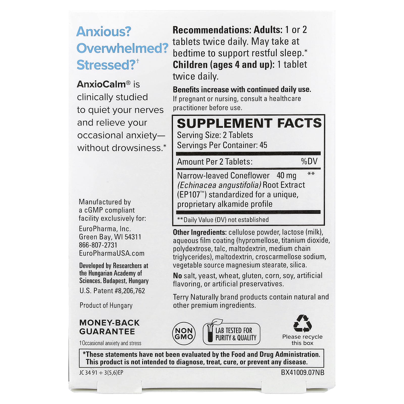 Terry Naturally, AnxioCalm®, 90 Tablets (20 mg per Tablet) - Image 2