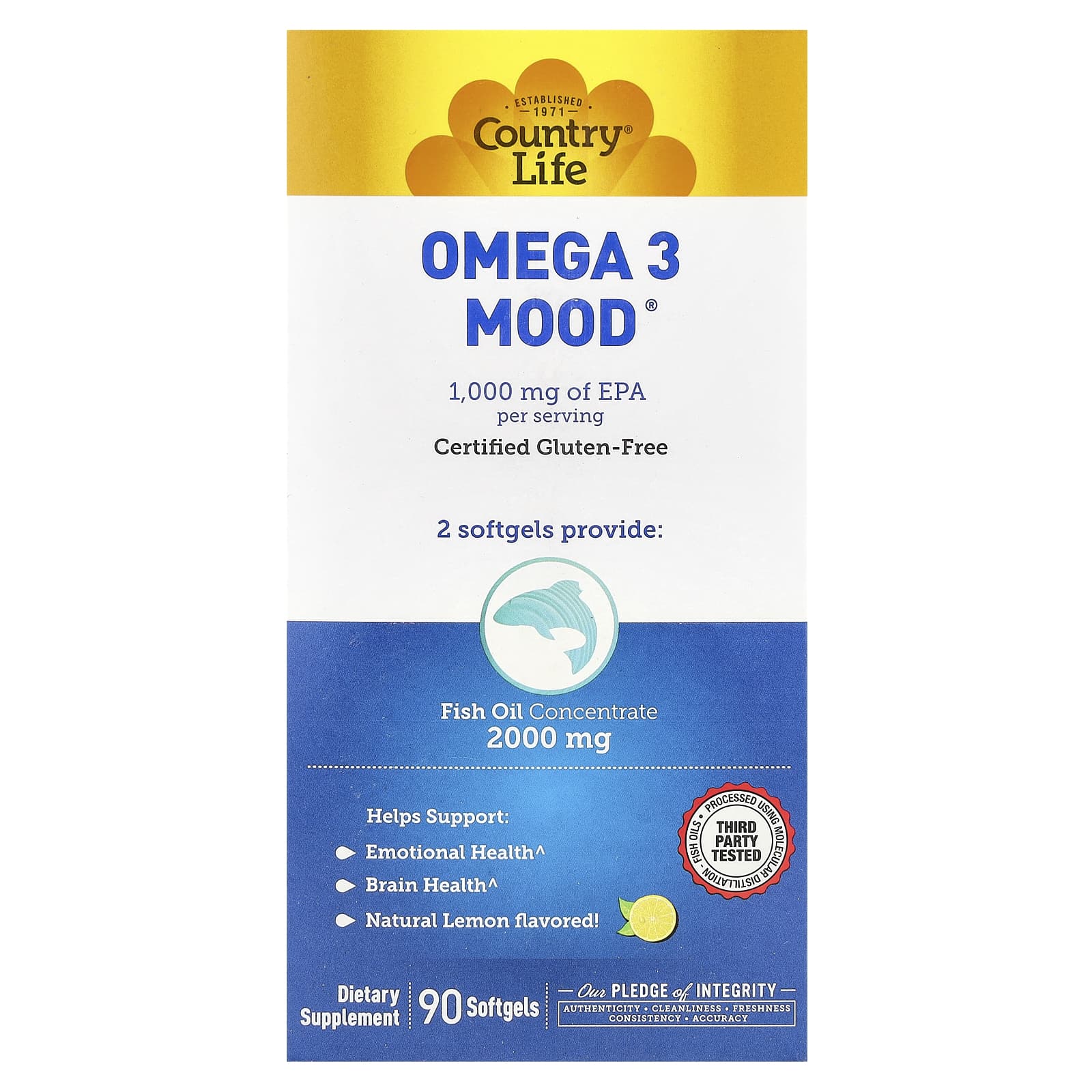 Country Life Omega 3 Mood Support, 90 Softgels, Natural Lemon Flavor - Image 1