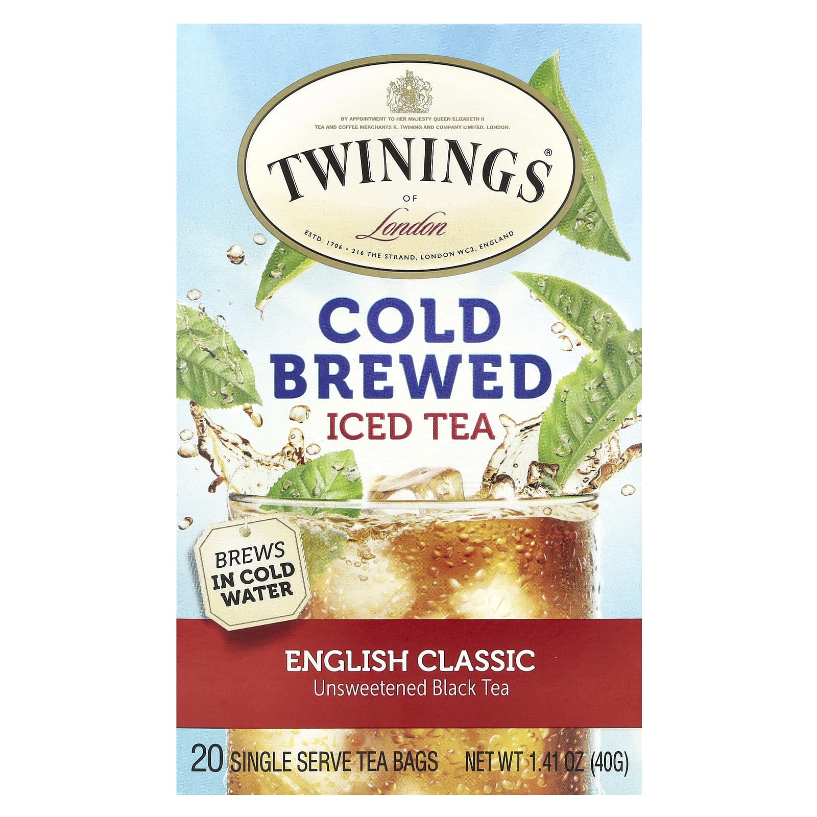 Twinings, Cold Brewed Iced Tea, Unsweetened Black Tea, English Classic, 20 Single Serve Tea Bags, 1.41 oz (40 g) - Image 1