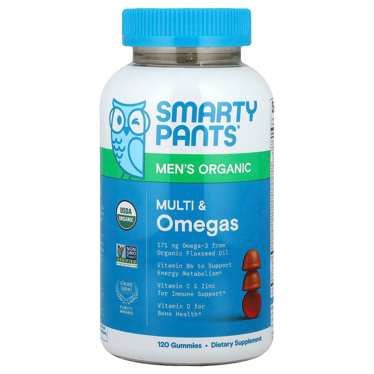 SmartyPants, Men's Organic, Multi & Omegas Gummies, Raspberry, Lemon Lime, & Grape , 120 Gummies - Image 1