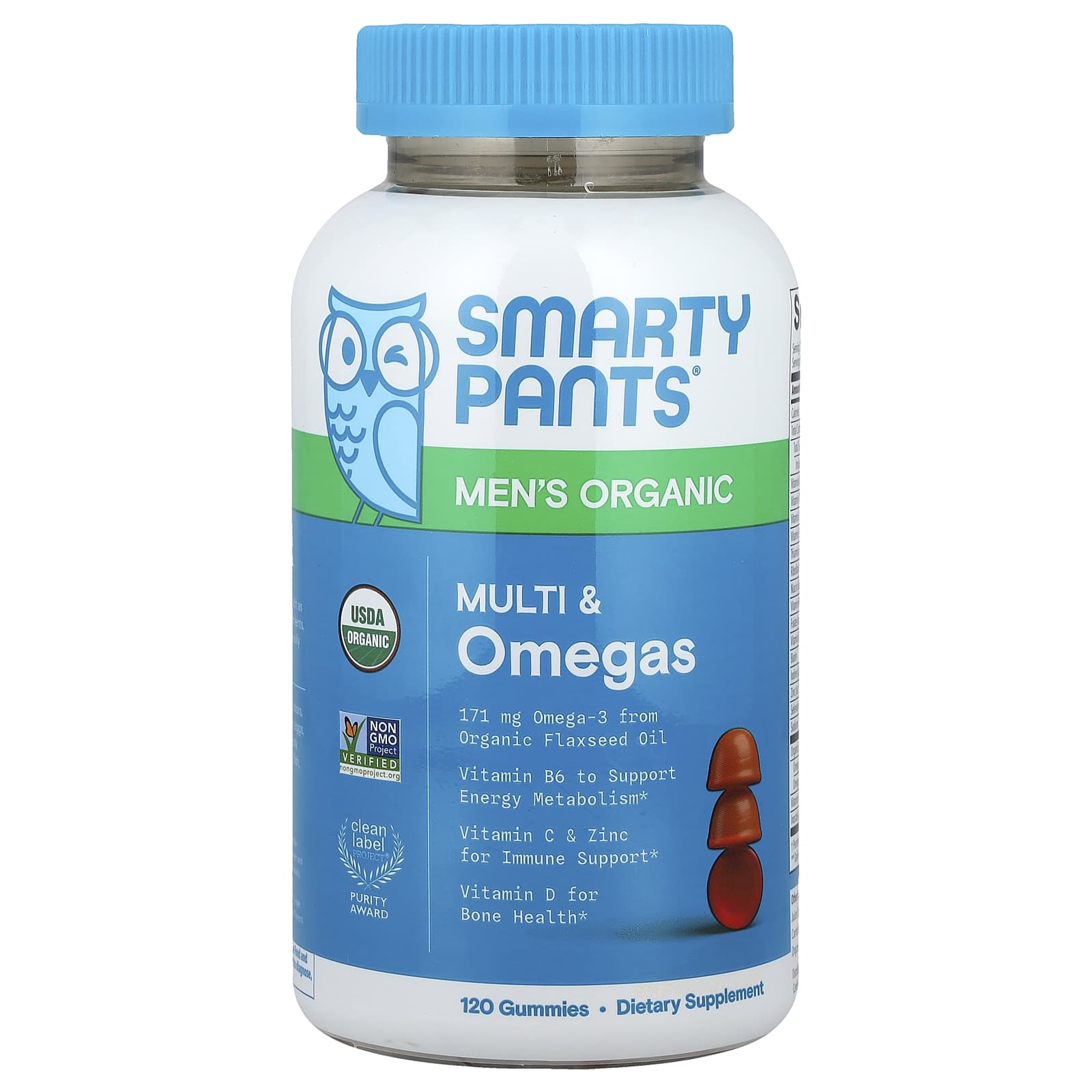 SmartyPants, Men's Organic, Multi & Omegas Gummies, Raspberry, Lemon Lime, & Grape , 120 Gummies - Image 1