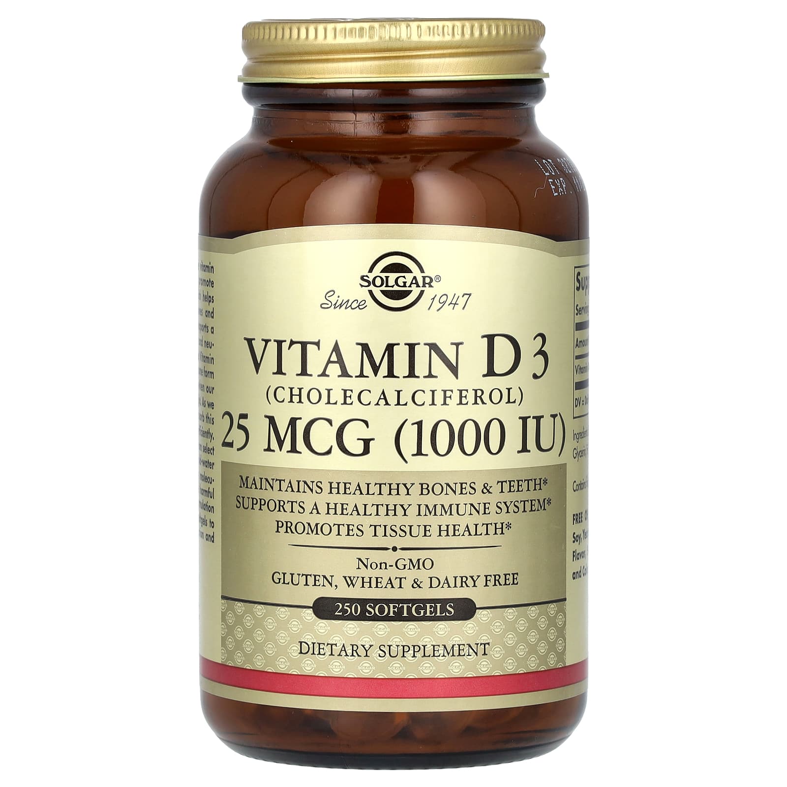 Solgar, Vitamin D3, 25 mcg (1,000 IU), 250 Softgels - Image 1