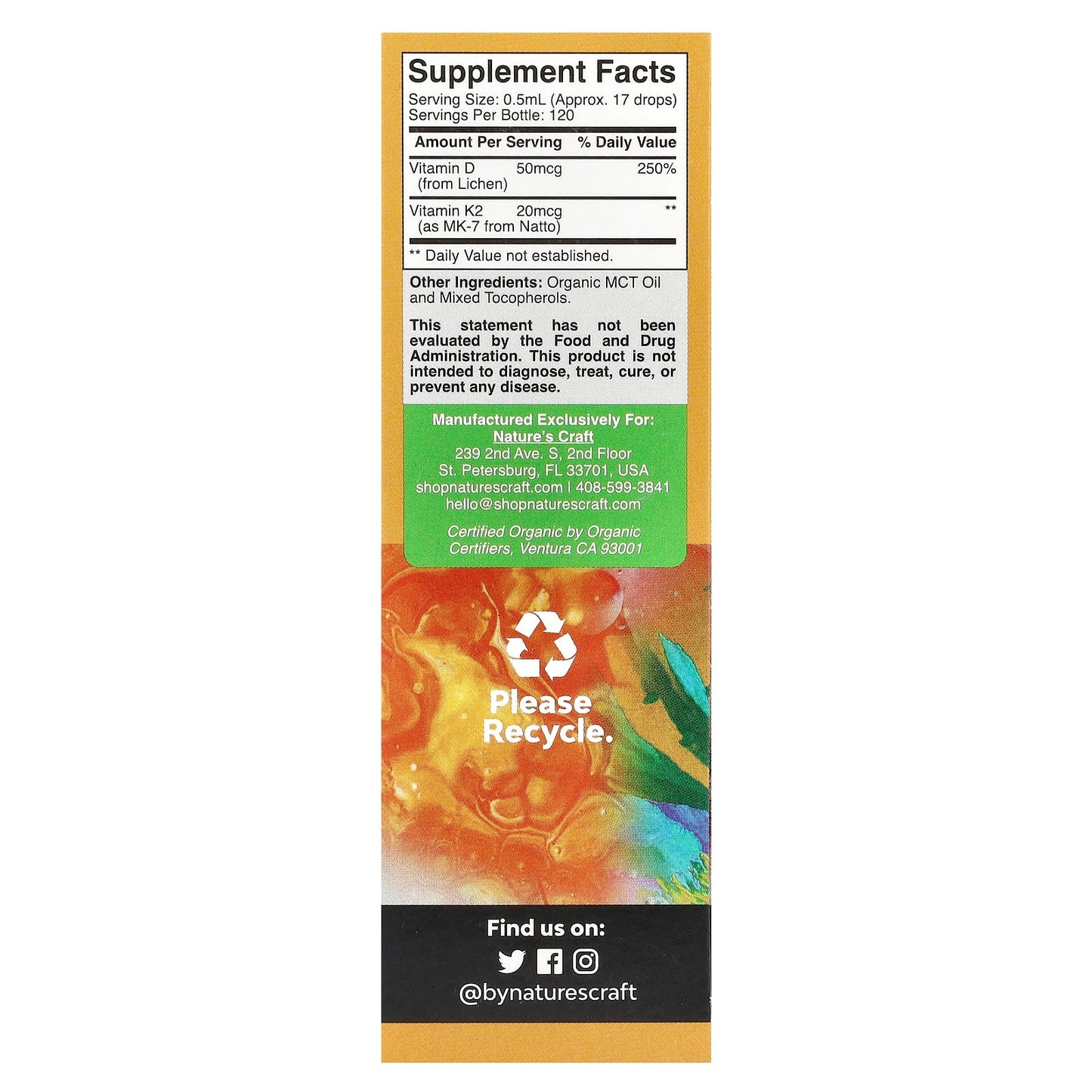 Nature's Craft, Organic Vitamin D3 + K2 Drops, Alcohol-Free, 60 ml - Image 2