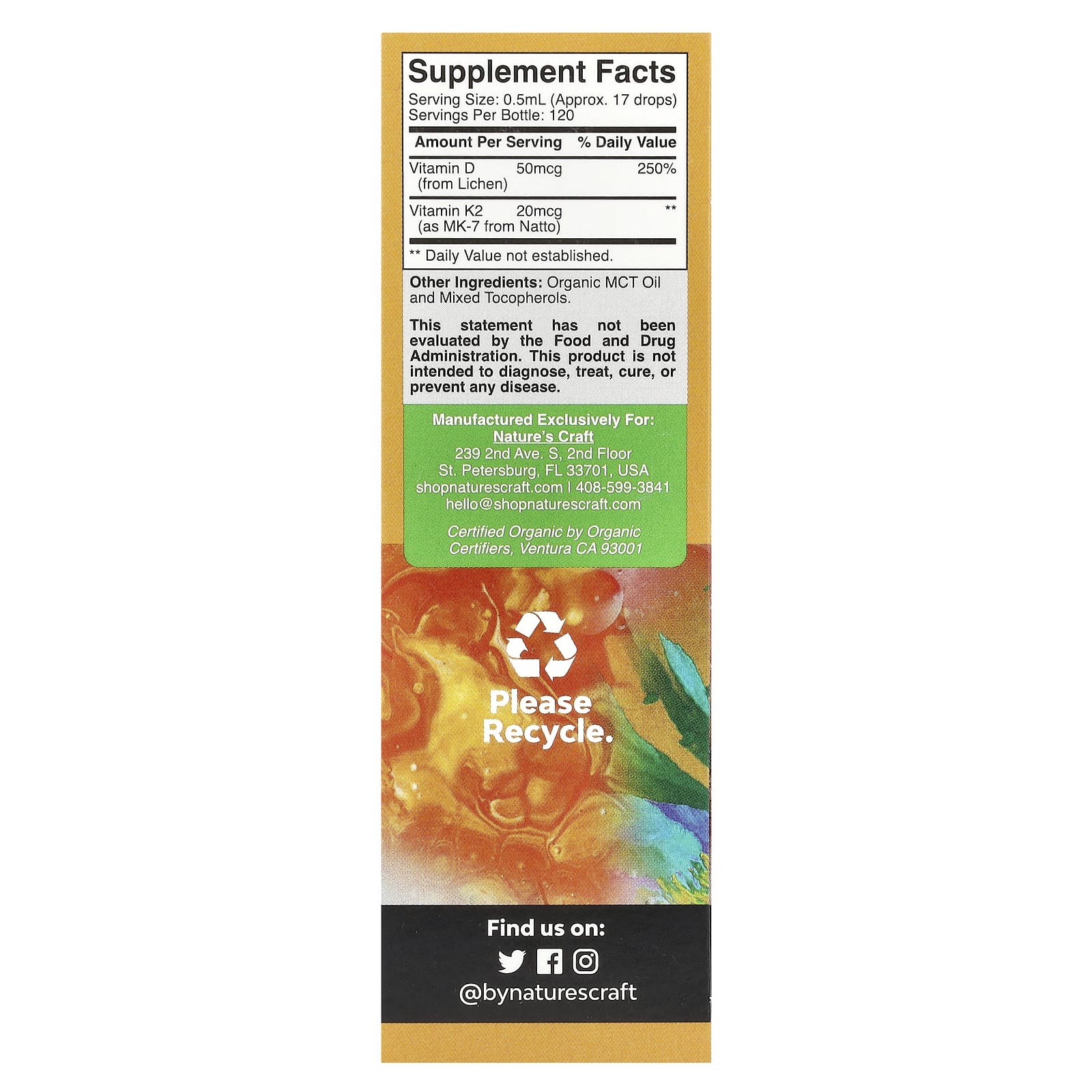 Nature's Craft, Organic Vitamin D3 + K2 Drops, Alcohol-Free, 60 ml - Image 2