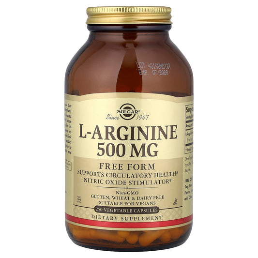 Solgar, L-Arginine, Free Form, 500 mg, 250 Vegetable Capsules - Image 1