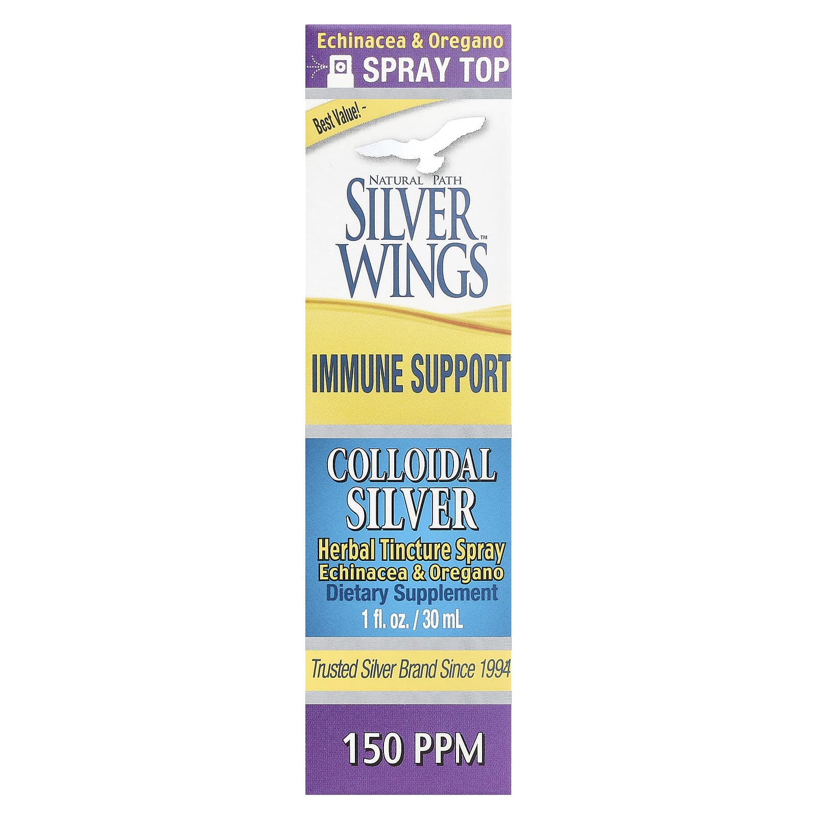 Natural Path Silver Wings, Colloidal Silver Herbal Tincture Spray, Echinacea & Oregano, 1 fl oz (30 ml)