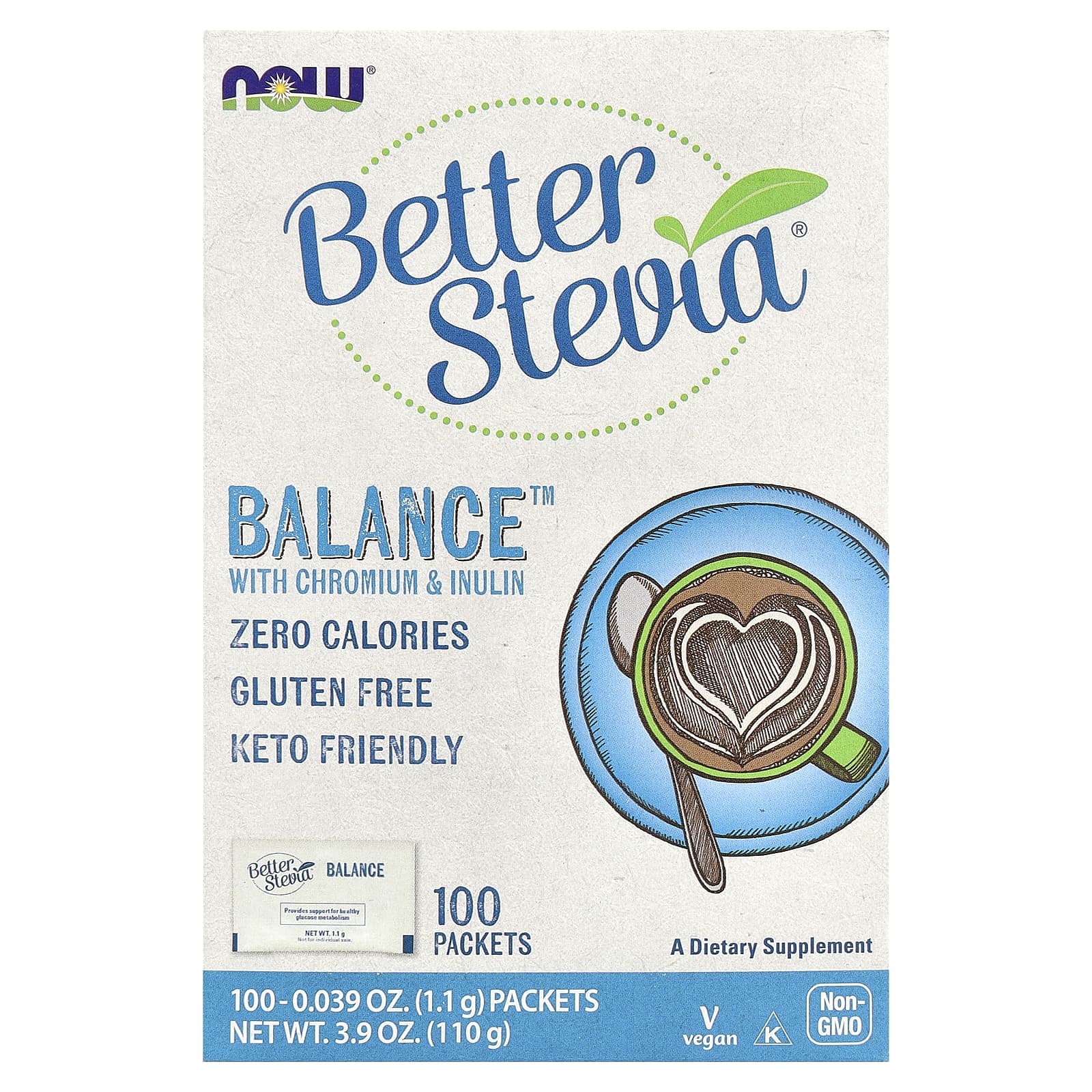 NOW Foods, Better Stevia®, Balance™ with Chromium & Inulin, 100 Packets, 0.039 oz (1.1 g) Each - Image 1