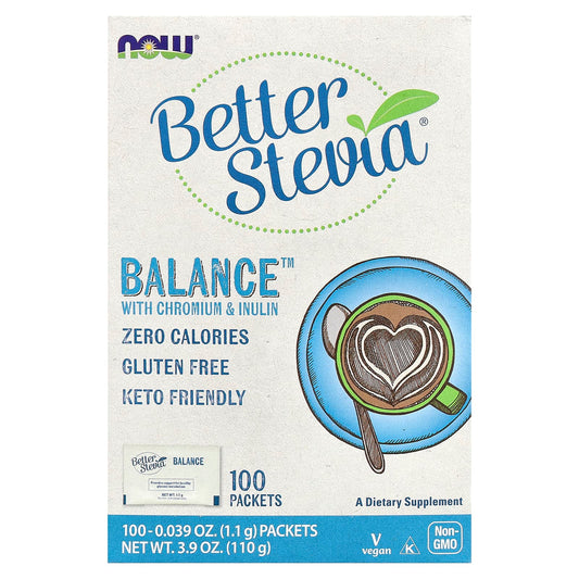 NOW Foods, Better Stevia®, Balance™ with Chromium & Inulin, 100 Packets, 0.039 oz (1.1 g) Each - Image 1