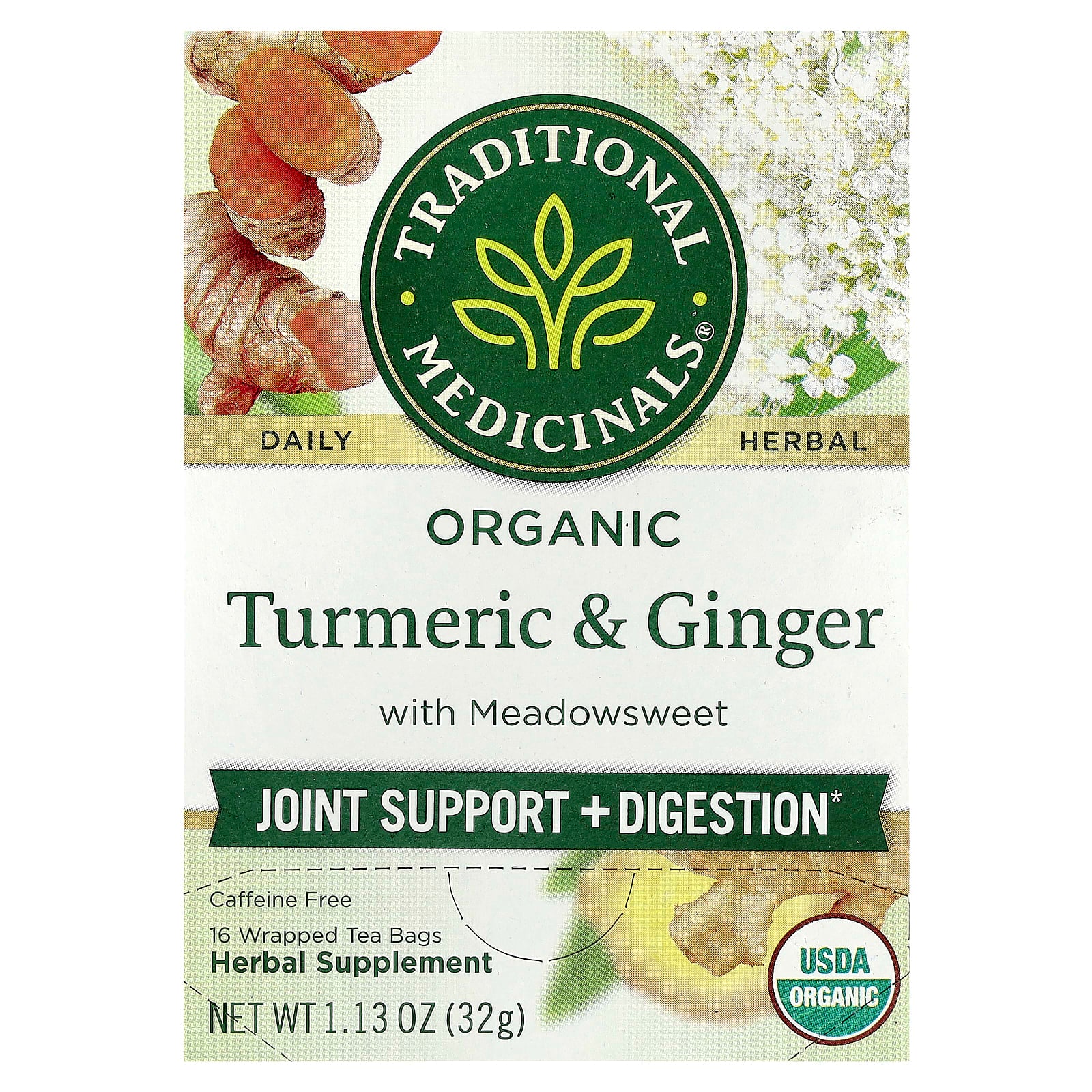 Traditional Medicinals, Organic Turmeric & Ginger with Meadowsweet, Caffeine Free, 16 Wrapped Tea Bags, 1.13 oz (32 g) - Image 1