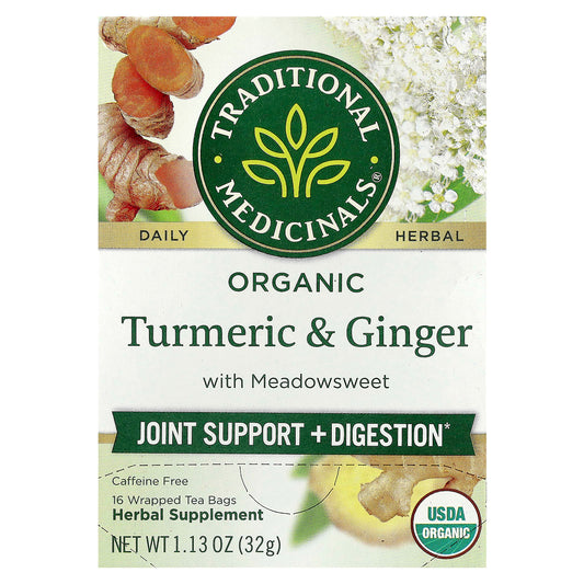 Traditional Medicinals, Organic Turmeric & Ginger with Meadowsweet, Caffeine Free, 16 Wrapped Tea Bags, 1.13 oz (32 g) - Image 1