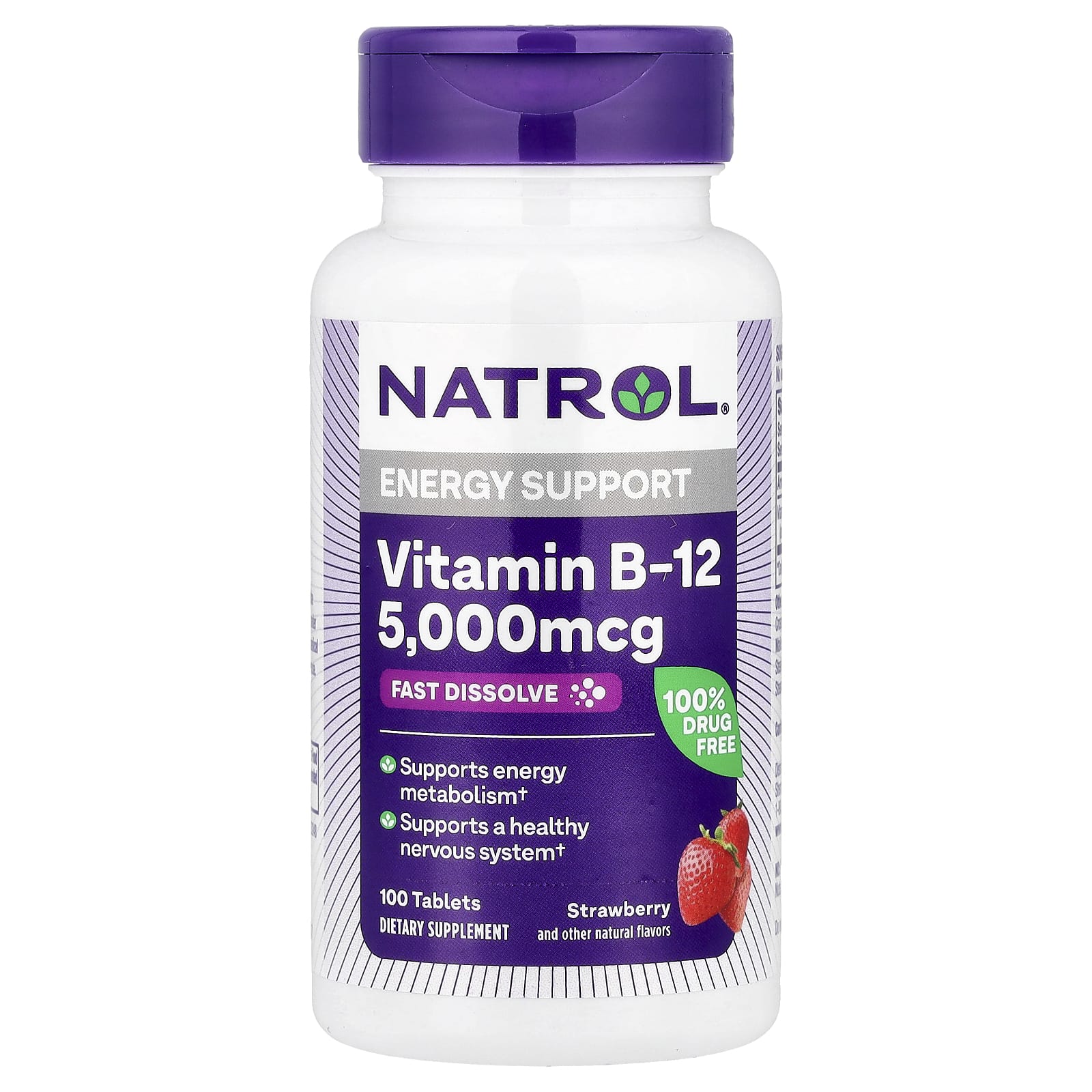 Natrol, Vitamin B-12, Fast Dissolve, Strawberry, 5,000 mcg, 100 Tablets - Image 1
